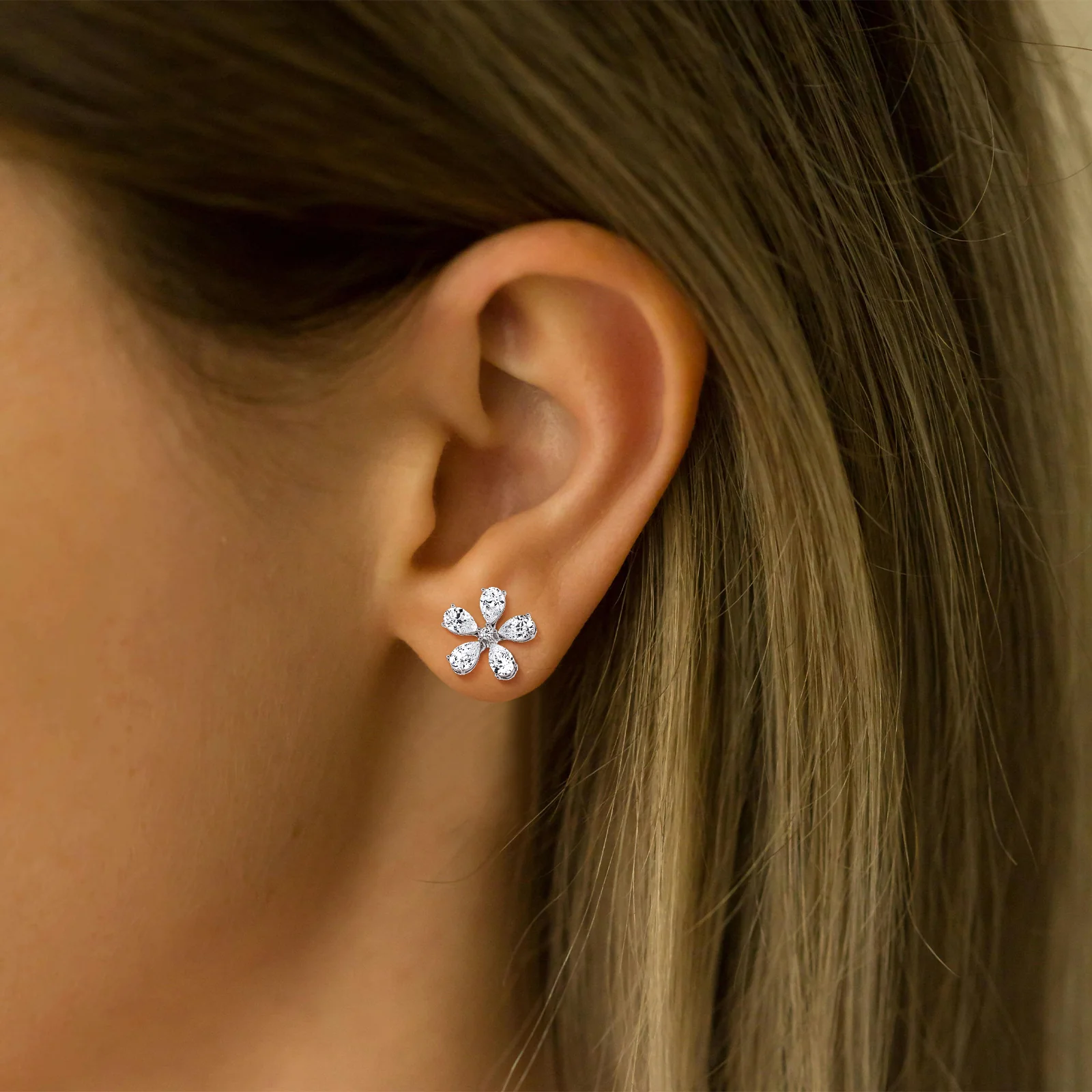 1.32CTW Pear Cut Lab Grown Diamond Flower Stud Earring - Image 22
