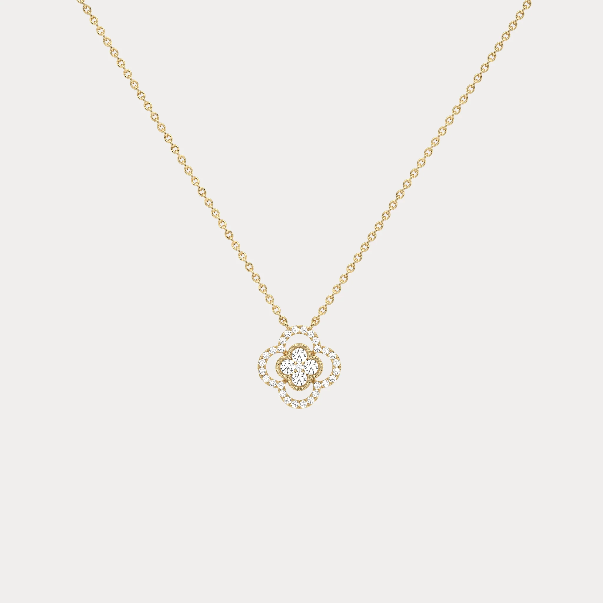 14K Gold Four Leaft Clover Pendant Necklace With Lab Dimaond