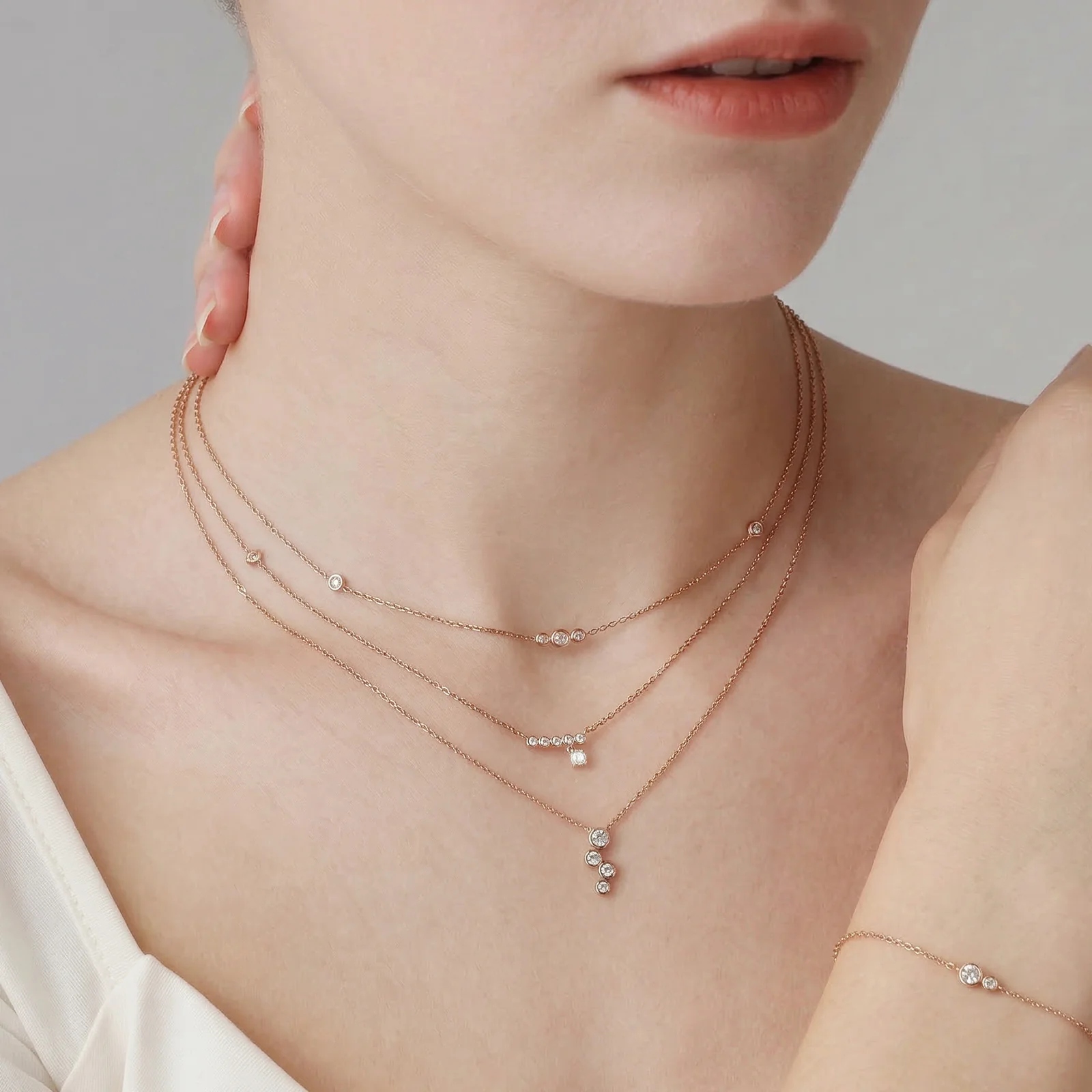14K Gold/Platinum Bubble Necklace Bezel Set with Four Lab-Grown Diamonds - Image 14