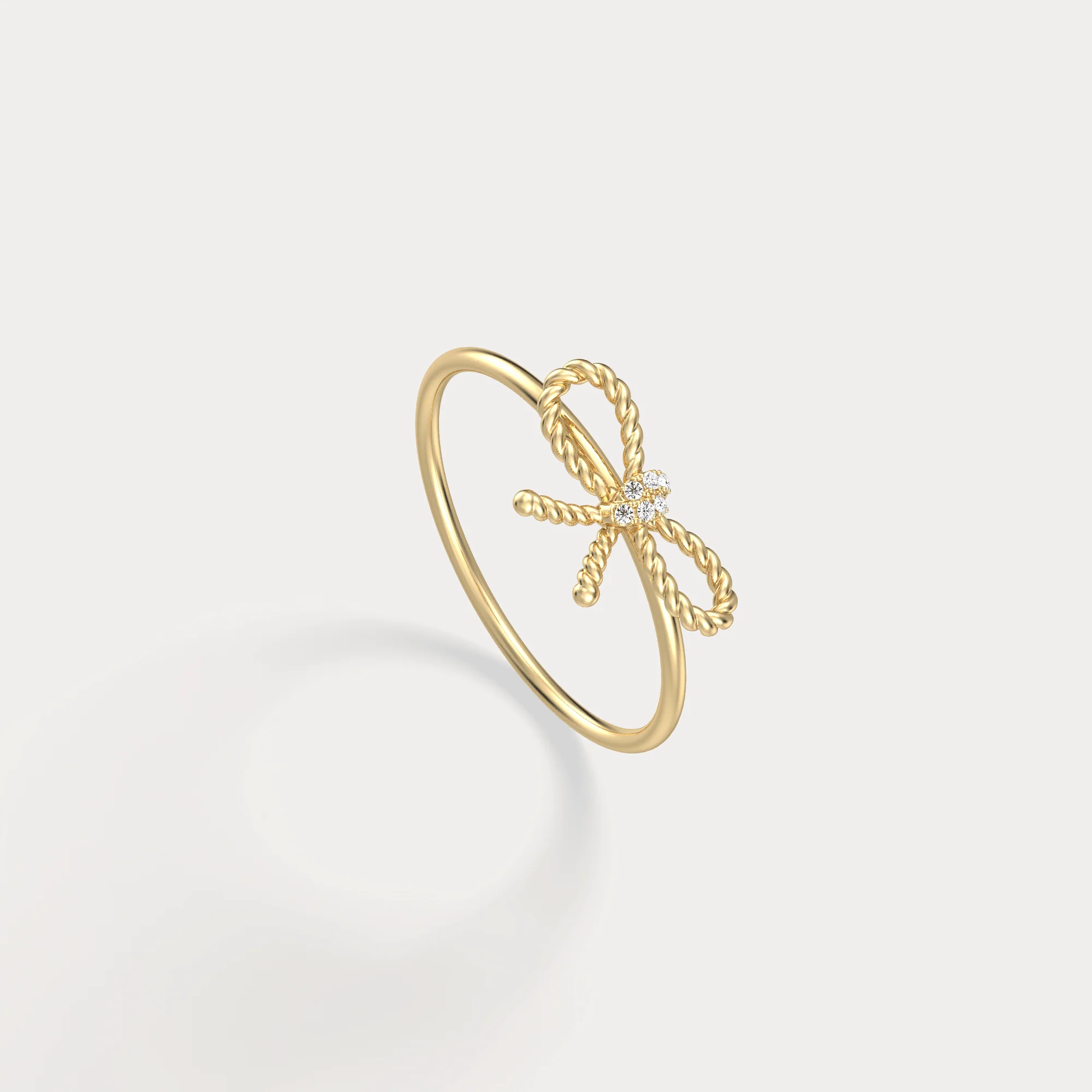 14K Solid Gold Beaded Bow Ring With Lab Diamond - Image 5