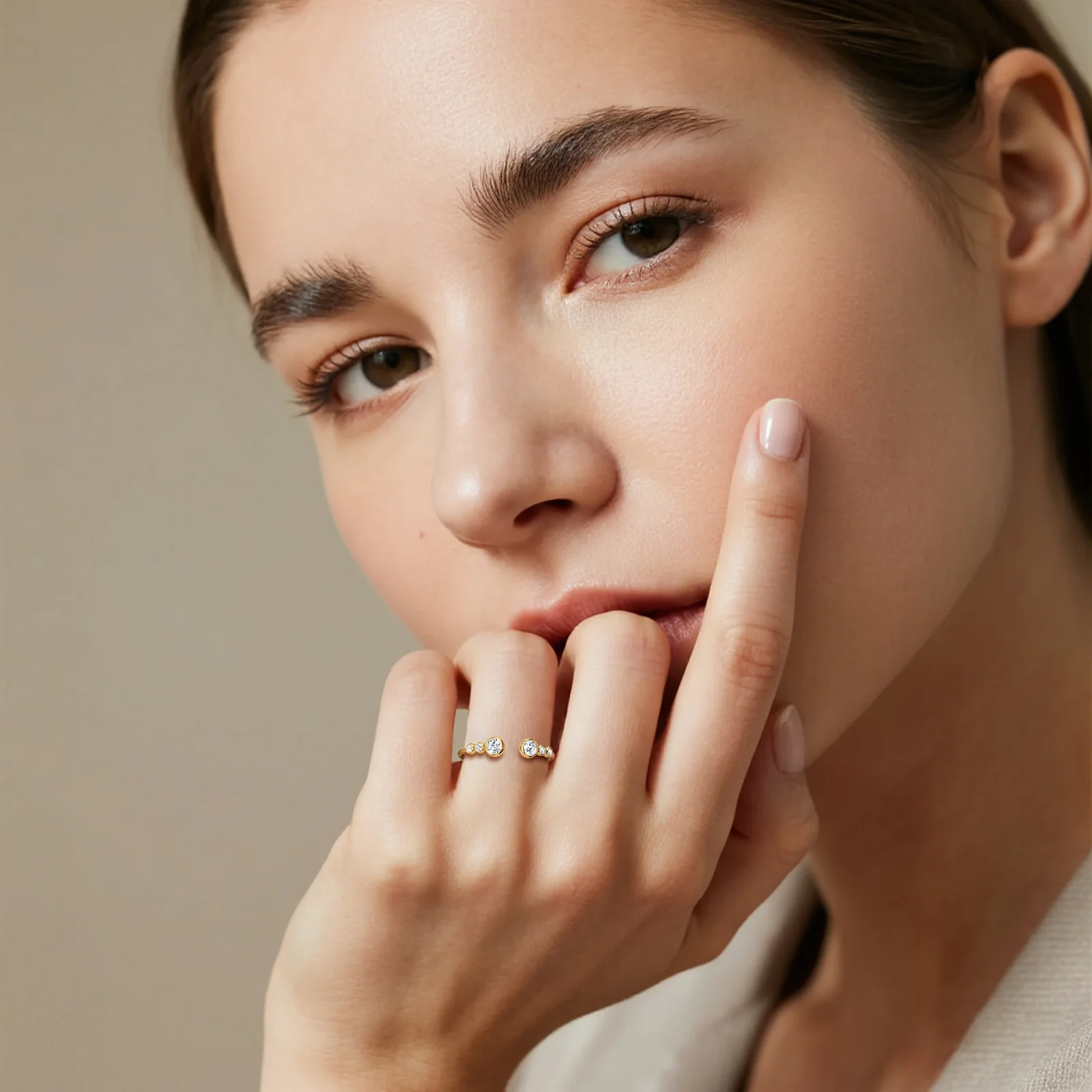 14K Solid Gold Bezel Cuff Ring With Lab Diamond - Image 3