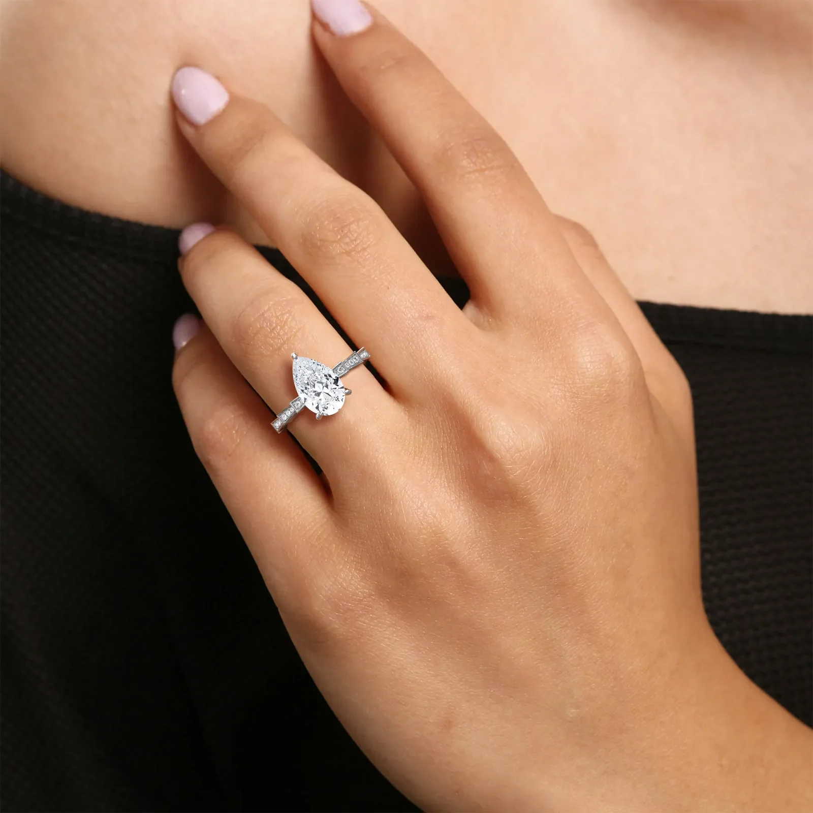 Celeste丨2CT Pear Cut Lab Diamond Hidden Halo Ring-Modern Style - Image 11