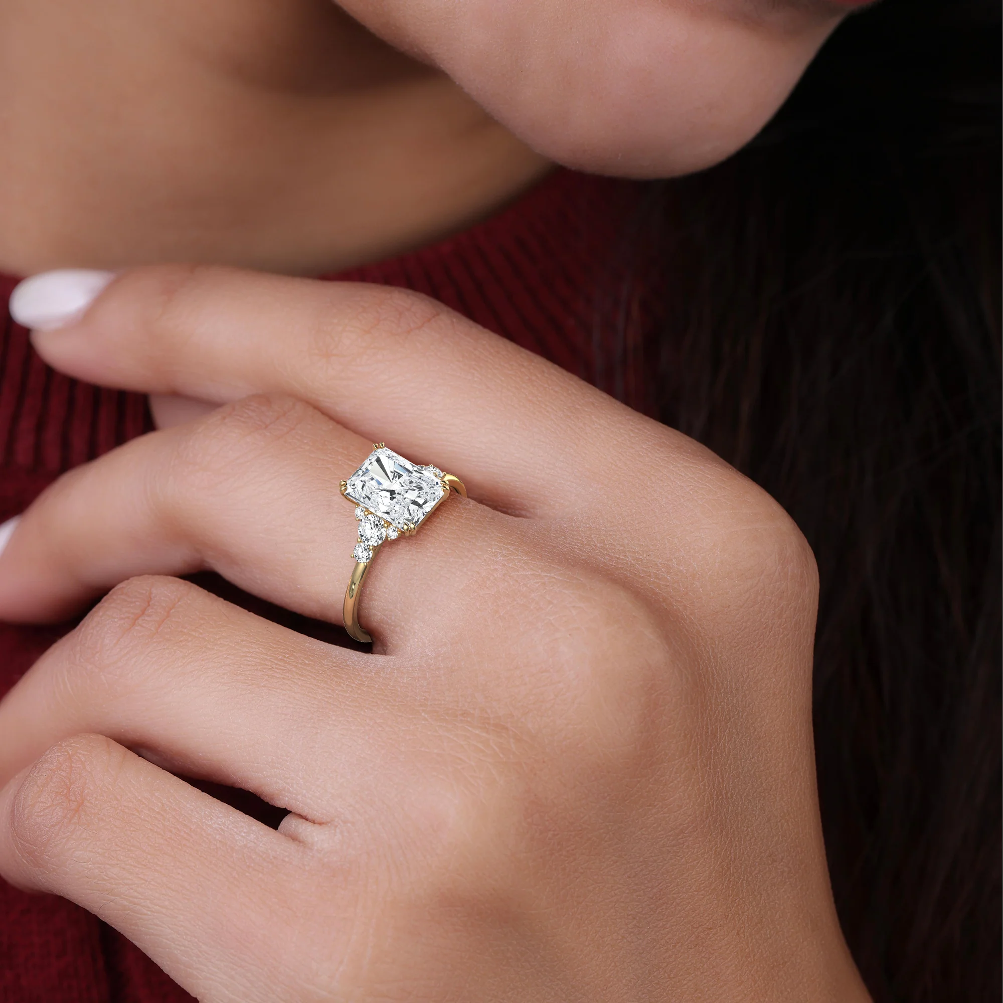 Serene丨2CT Radiant Cut Lab Diamond Side Stone Engagement Ring - Image 2
