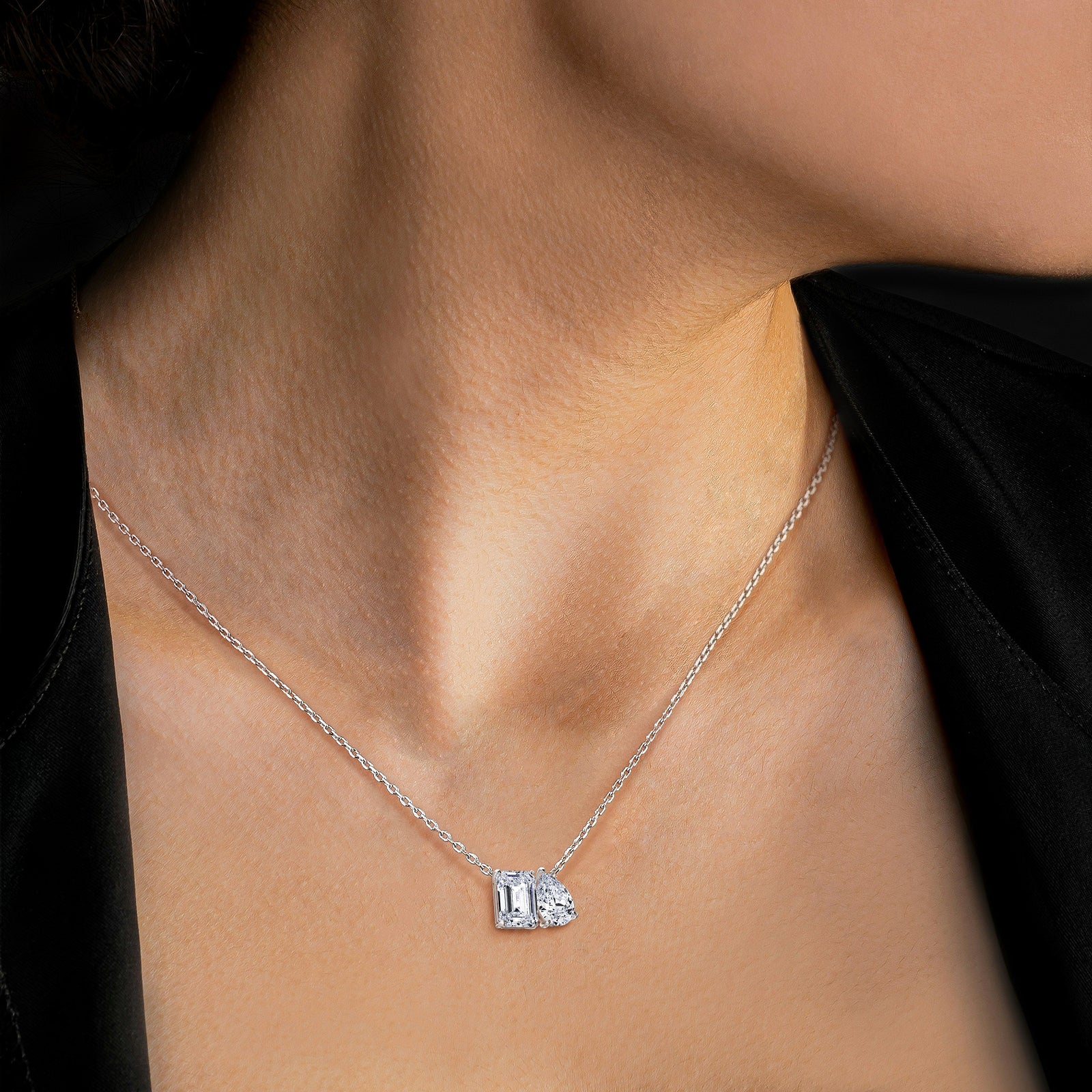 2CTW Emerald and Pear Cut Lab Diamond Toi et Moi Necklace - Image 22