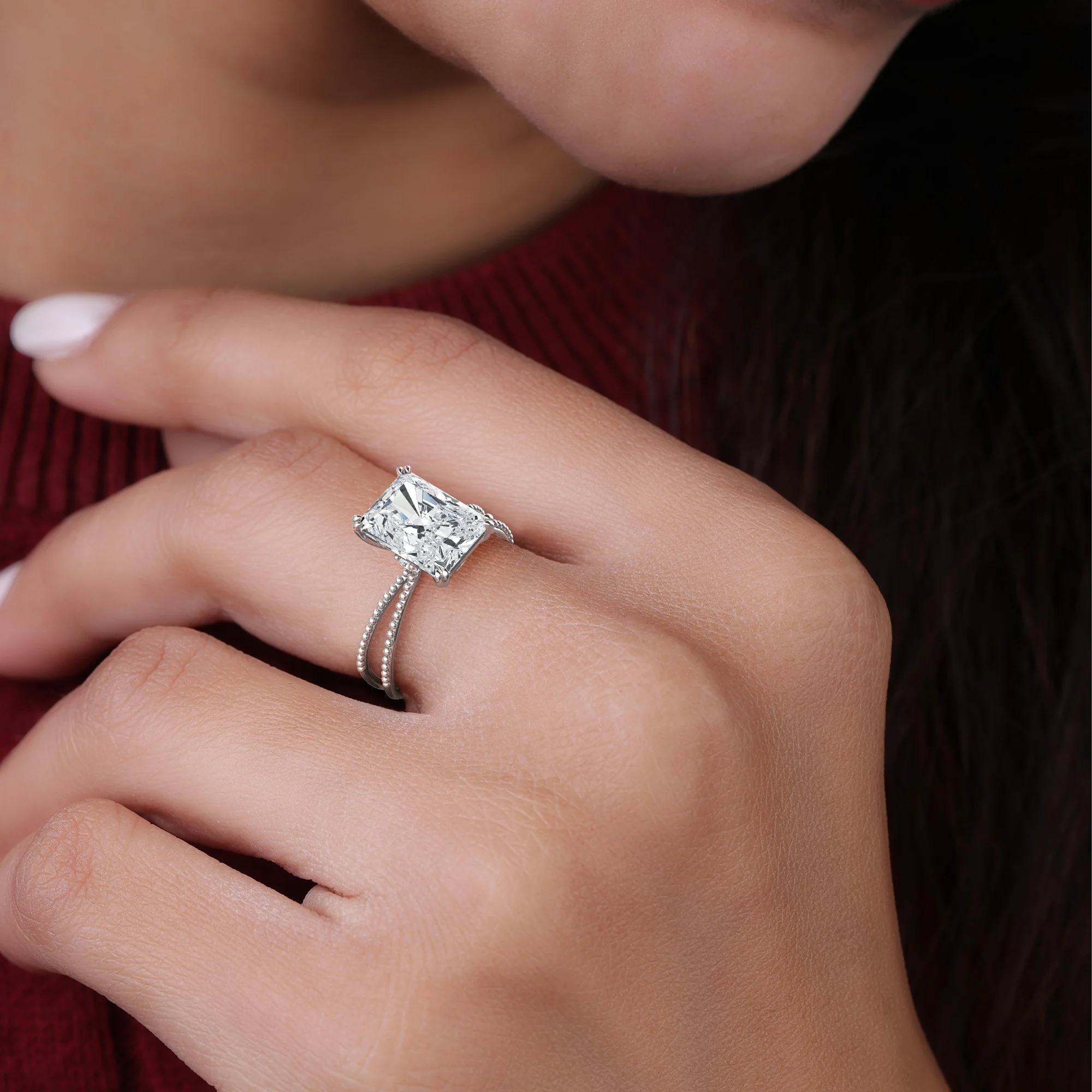 Callie丨3CT Radiant Cut Lab Diamond Milgrain Hidden Halo Engagement Ring - Image 11