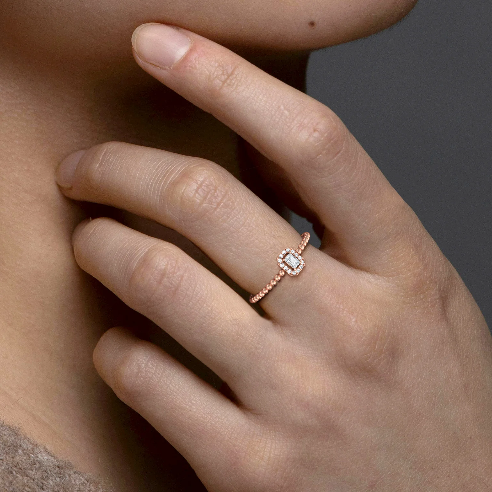 Beaded Emerald Cut Lab Diamond Ring In 14K Solid Gold/Platinum - Image 24