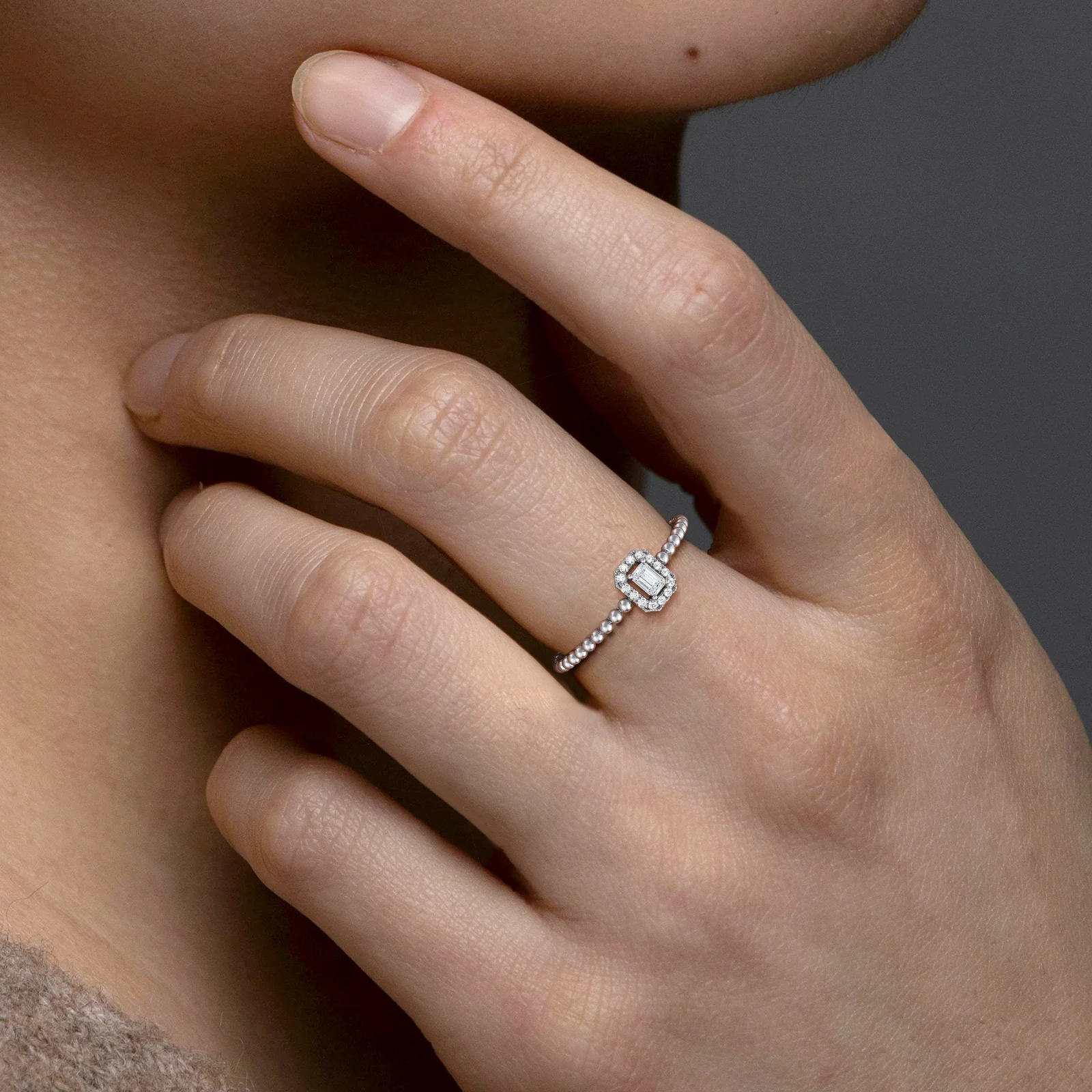 Beaded Emerald Cut Lab Diamond Ring In 14K Solid Gold/Platinum - Image 28