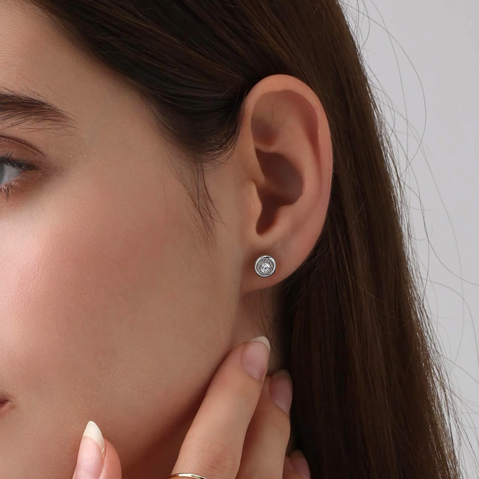 Bezel Lab Grown Round Diamond Stud Earrings in 14K Gold/Platinum - Image 9