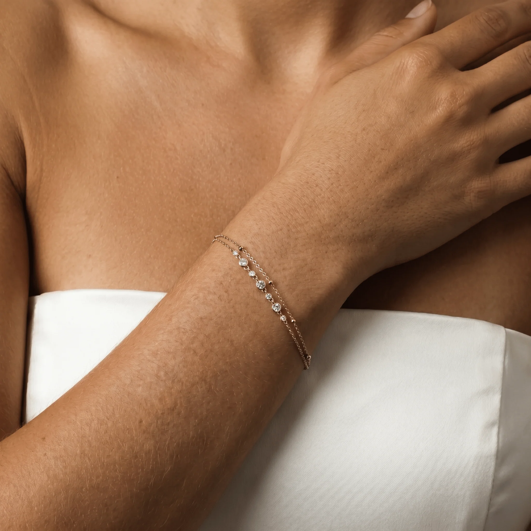 Bezel Set Lab-Grown Diamond Bracelet with Double Chain in Sterling Silver - Image 10