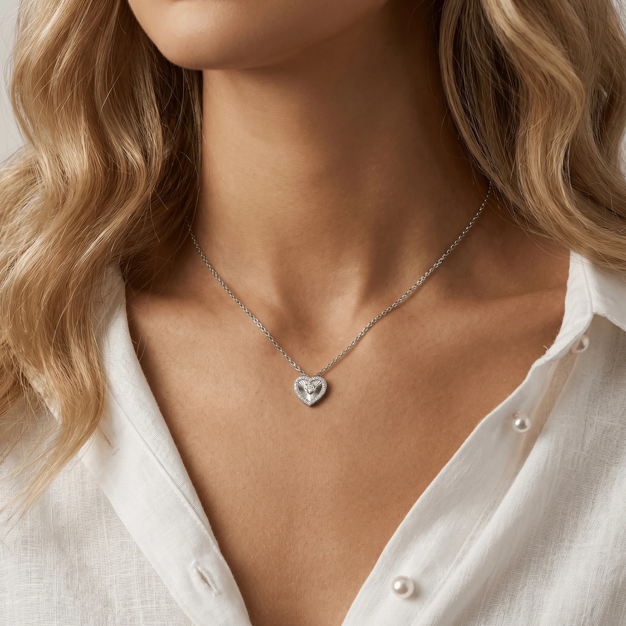 Fluted Heart Lab-Grown Diamond Accent Pendant Necklace in Sterling Silver - Image 2