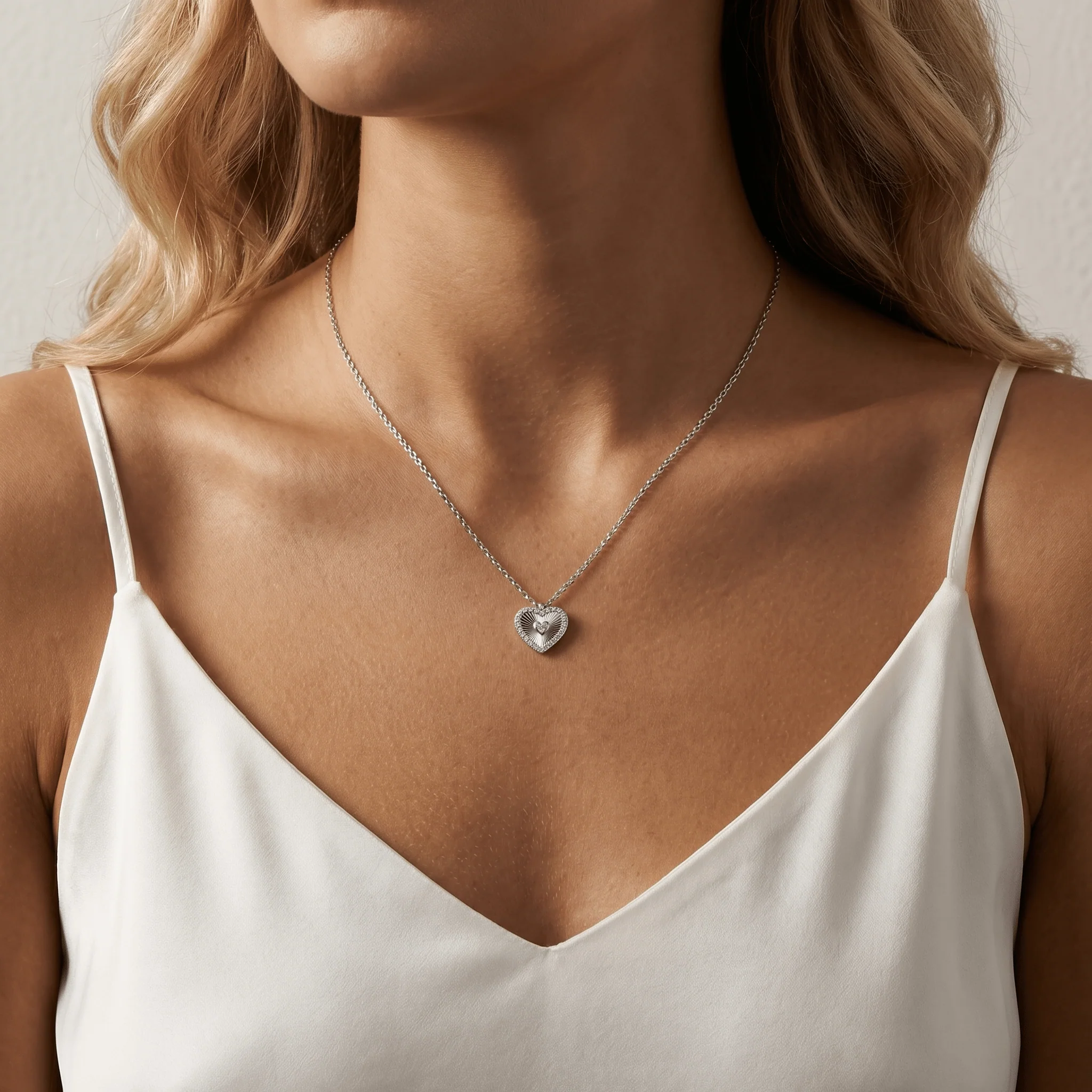 Fluted Heart Lab-Grown Diamond Accent Pendant Necklace in Sterling Silver - Image 3