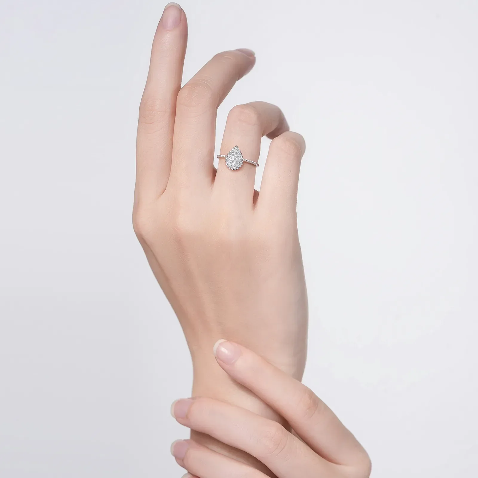 Lab Diamond Beaded Pear Shaped Ring in 14K Gold/Platinum - Image 11