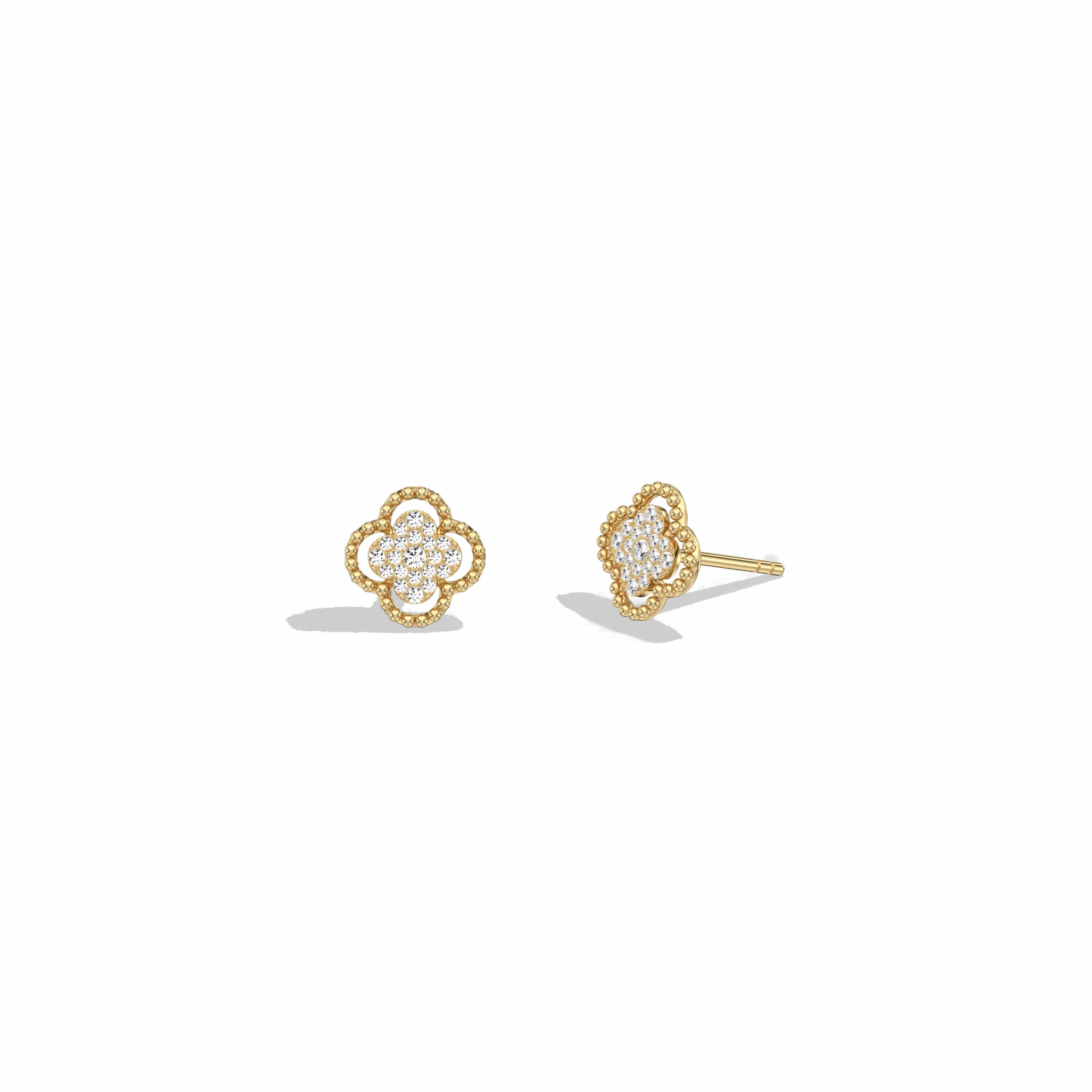 Lab Diamond Clover Stud Earrings In 14K Solid Gold/Platinum - Image 5