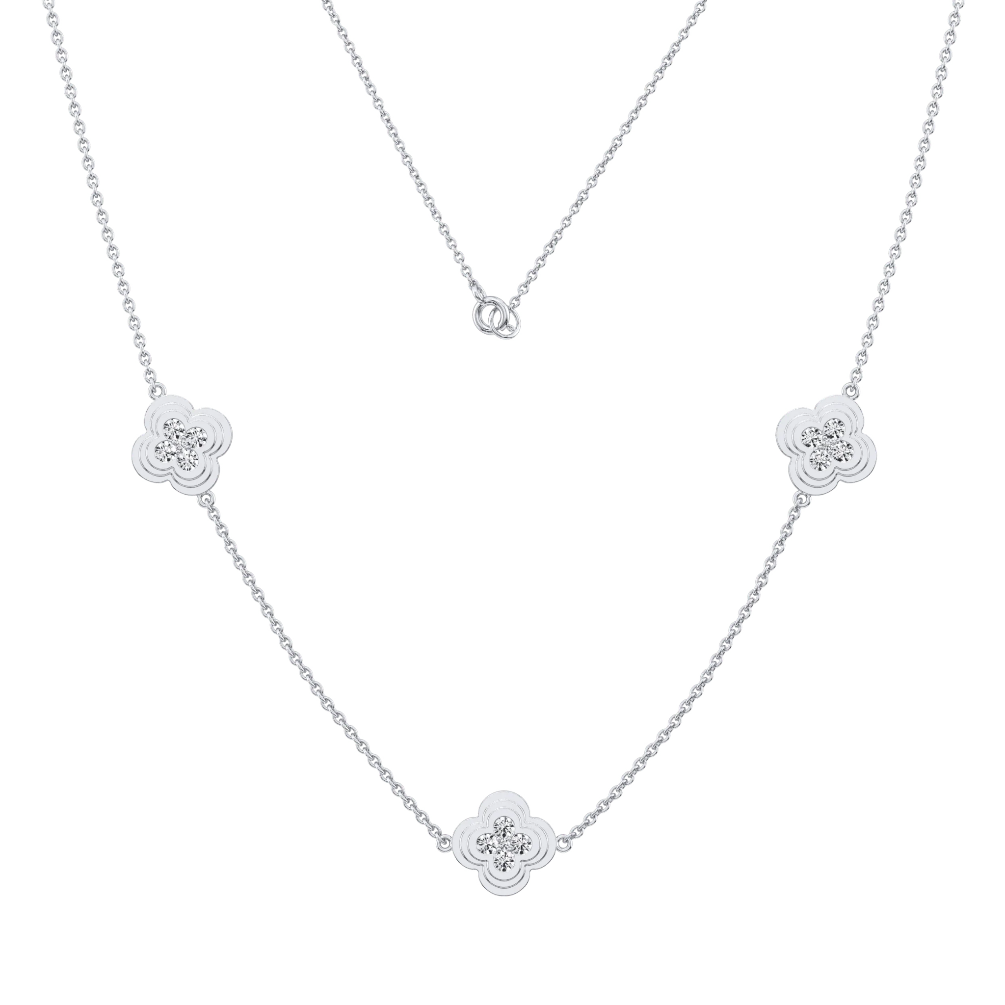 Lab Grown Diamond Clover Station Necklace In 14K Solid Gold/Platinum - Image 12