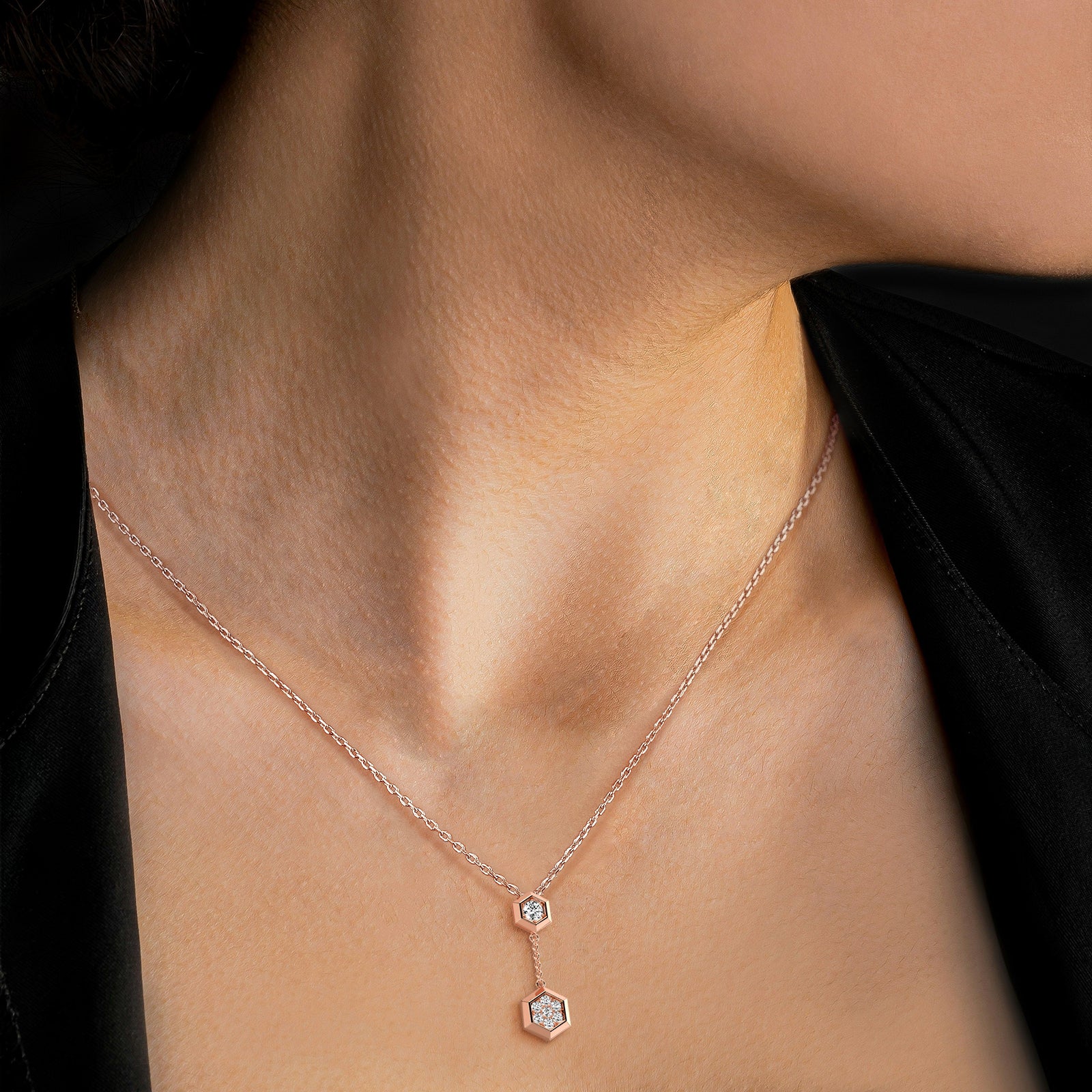 Lab Grown Diamond Double Hexagon Necklace in 14K Solid Gold/Platinum - Image 19