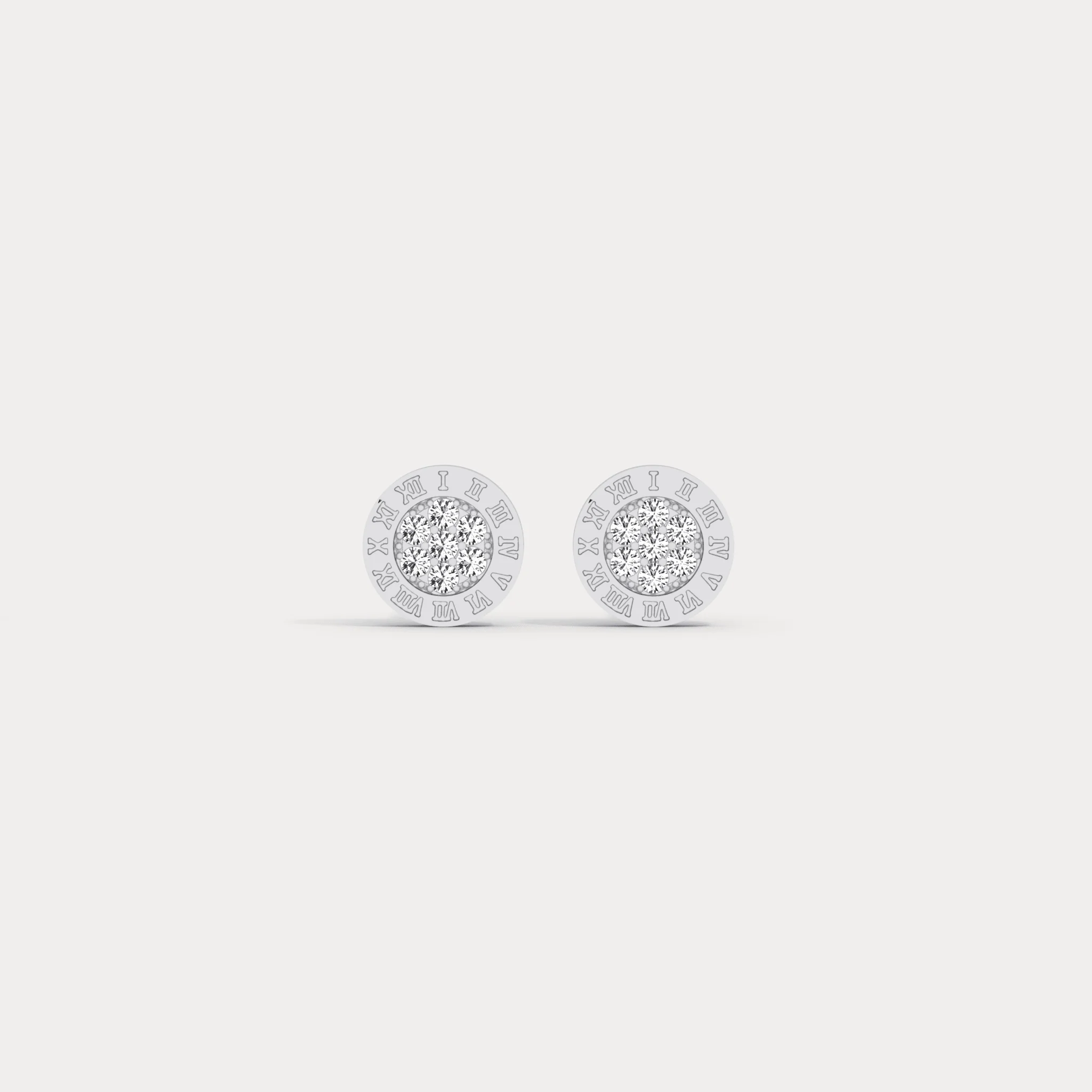 Roman Numeral Disc Stud Earrings with Pavé Lab-Grown Diamond in Sterling Silver