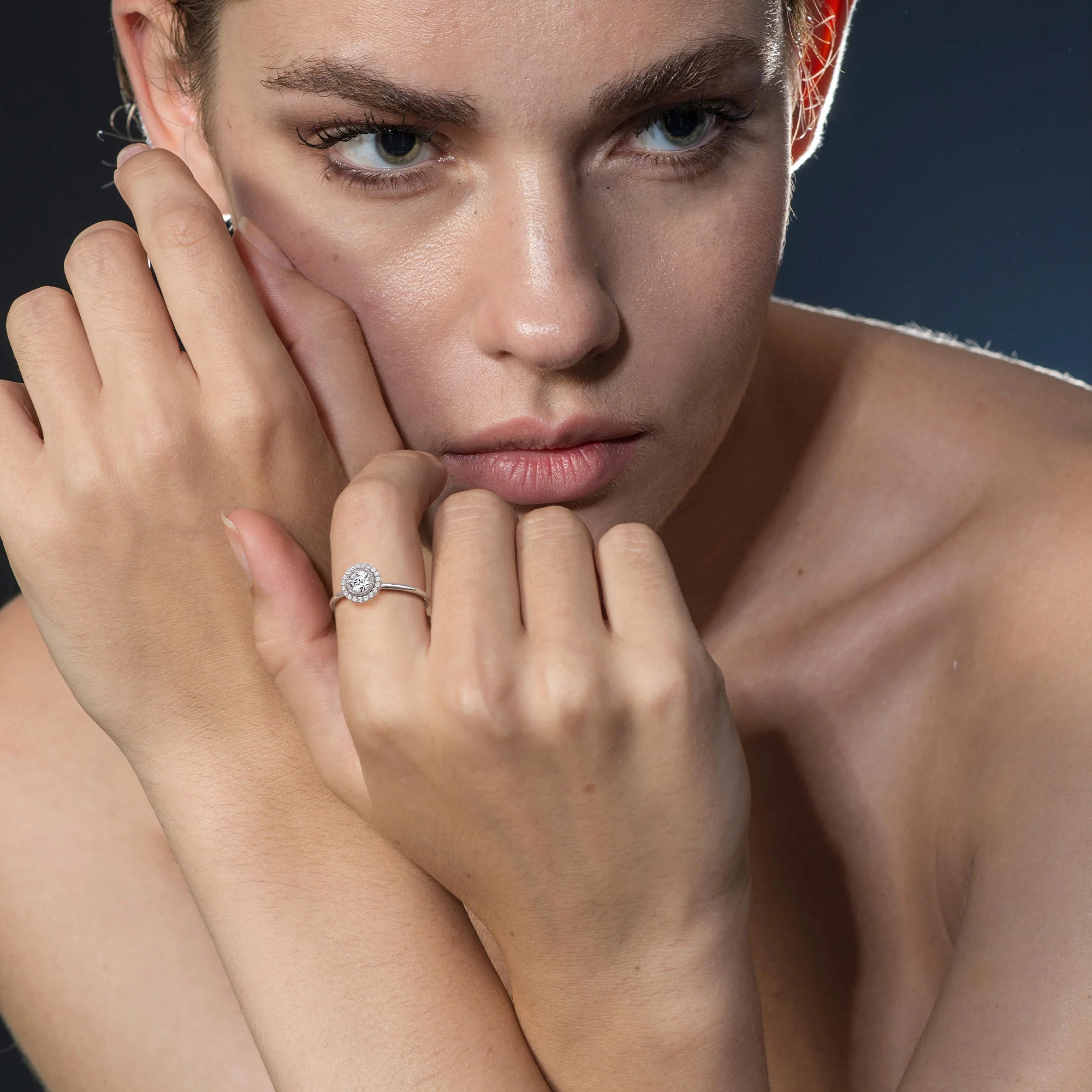 Round Lab Grown Diamond Halo Promise Ring In 14K Solid Gold/Platinum - Image 30