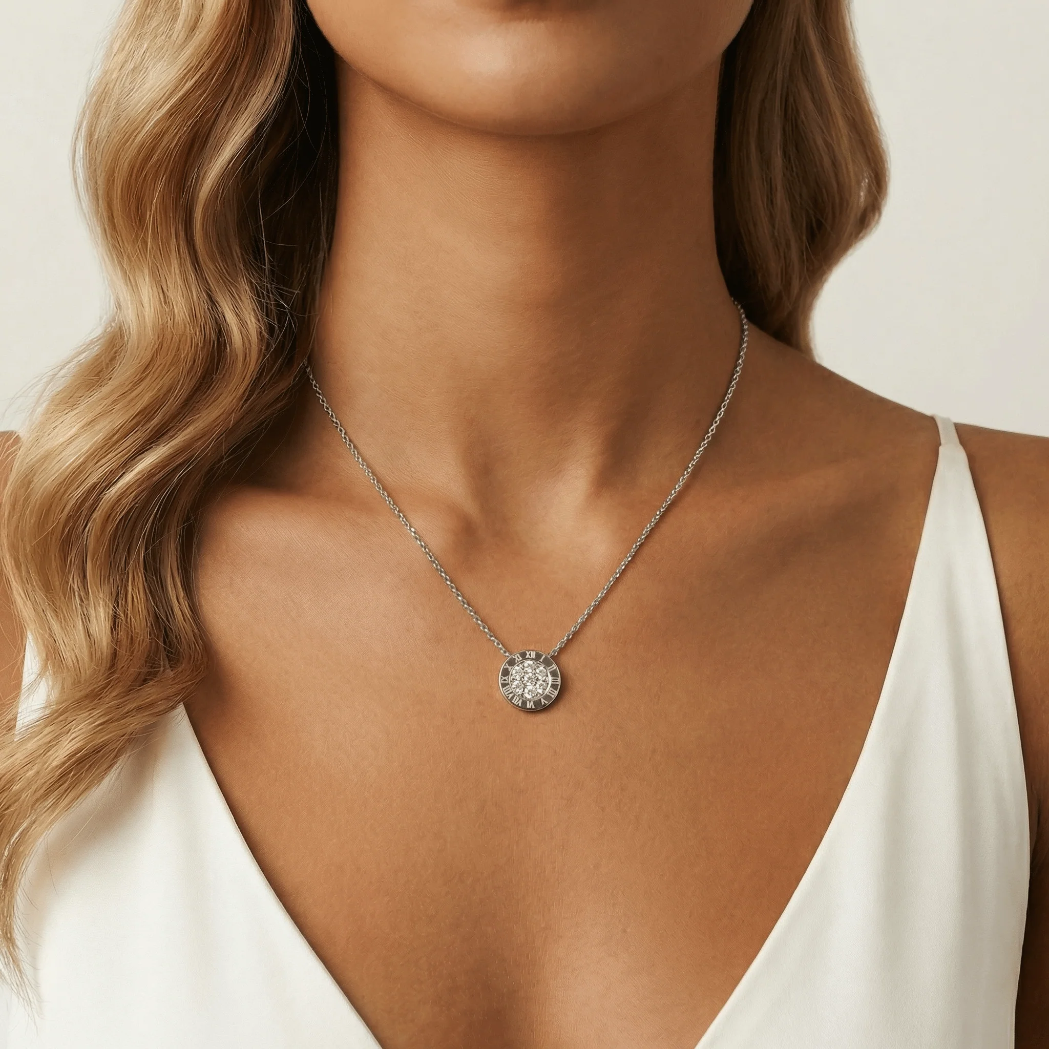 Sterling Silver Roman Numeral Disc Pendant Necklace with Pavé Lab-Grown Diamond - Image 2