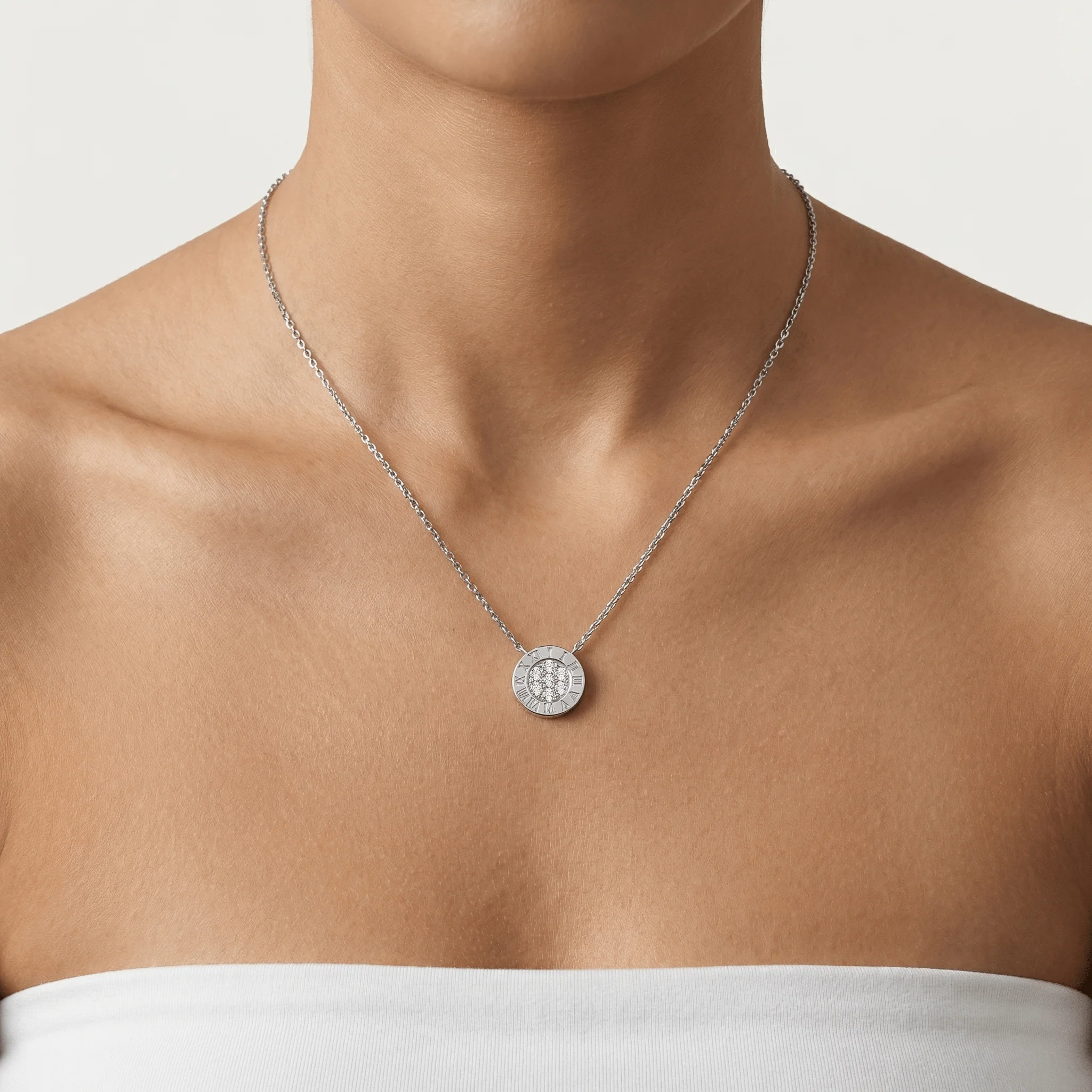 Sterling Silver Roman Numeral Disc Pendant Necklace with Pavé Lab-Grown Diamond - Image 3