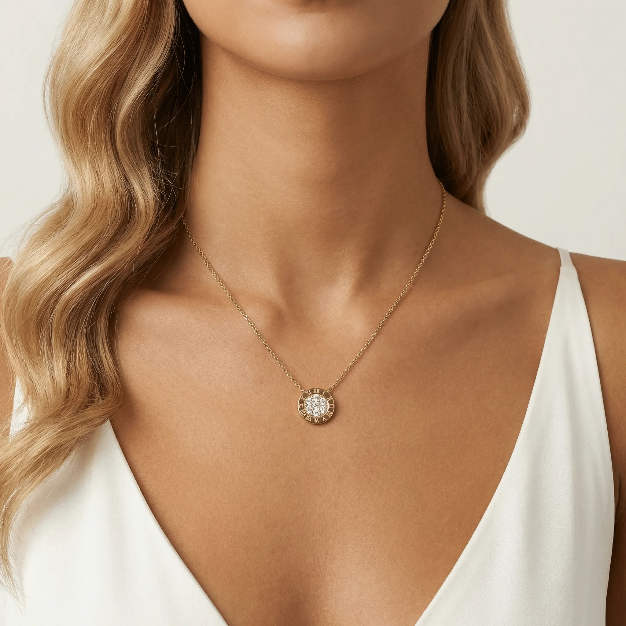Sterling Silver Roman Numeral Disc Pendant Necklace with Pavé Lab-Grown Diamond - Image 8